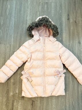 Copper Key Pink Puffer Jacket with Faux Fur Hood
